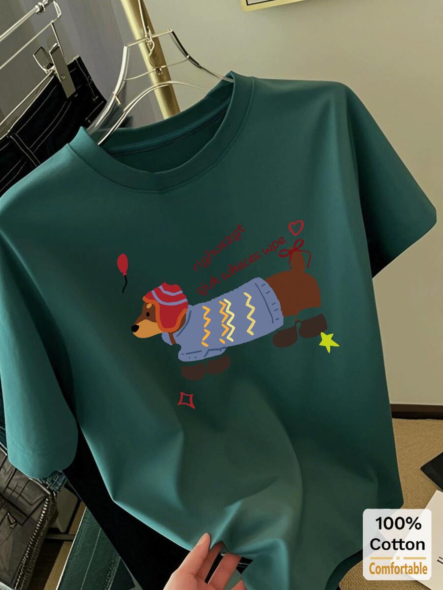 Áo thun ngắn tay dáng lửng in hình hoạt hình dễ thương, kiểu dáng thường ngày thanh lịch dành cho nữ mùa hè. - Màu xanh lá cây đậm - Xem 1