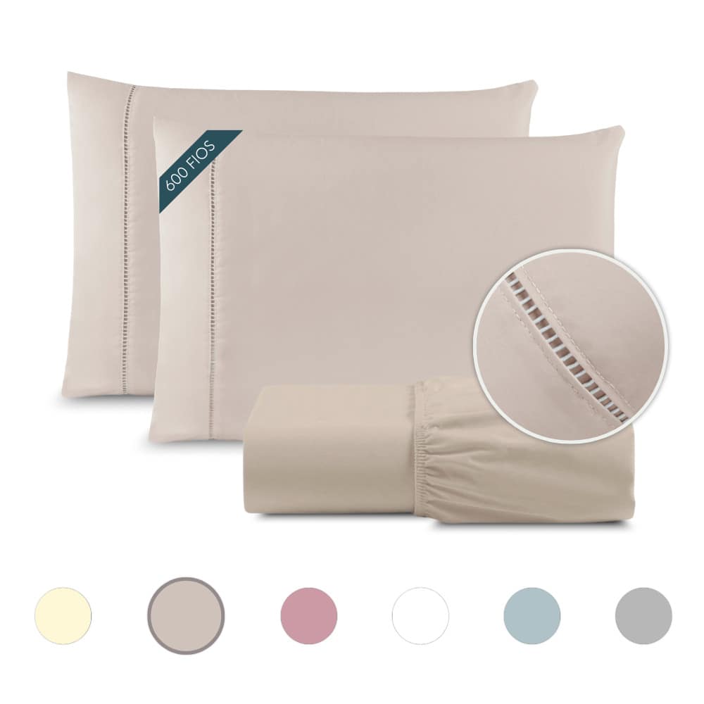 King Bed Sheet Set 3pcs Ponto Palito Cotton 600 Threads - Khaki - View 1