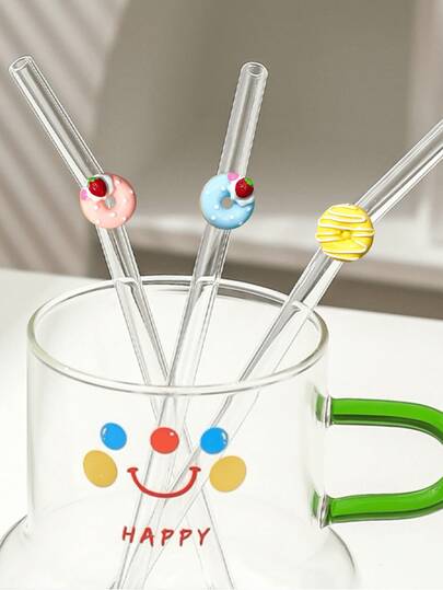 Cartoon Donut Shaped Reusable Glass Straw, Transparent Smoothie, Milk Tea, Juice, Cocktail, Cold Drink Glass Straw, Bent Donut Series Glass Straw For Water Cup, Milkshake, Tea, Juice, Cocktail, Cold Drink, Gift For Girlfriend, Dessert Shop, Soft Drink Bar, Office, Bar, Restaurant Party Decor