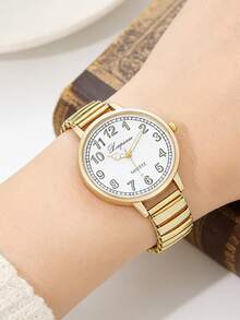 1 chiếc đồng hồ nữ dây đeo co giãn màu vàng, mặt số Ả Rập, máy quartz, kiểu dáng thường ngày, mặt tròn, thích hợp để đeo hàng ngày, quà tặng. - Vàng - Xem 3