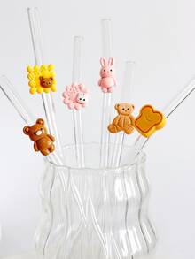 Cartoon Bear Cookie Shaped Transparent Glass Straws, Reusable For Milkshake, Smoothie, Juice, Cocktail, Cold Drinks, Party, Cartoon Bear & Rabbit Cookie Series Bent Glass Straws - View 1