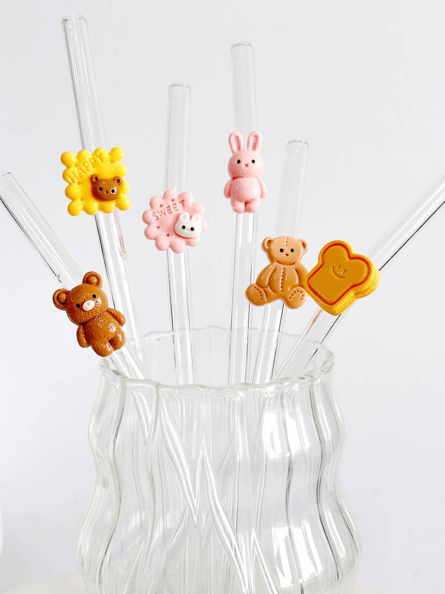 Cartoon Bear Cookie Shaped Transparent Glass Straws, Reusable For Milkshake, Smoothie, Juice, Cocktail, Cold Drinks, Party, Cartoon Bear & Rabbit Cookie Series Bent Glass Straws - View 1