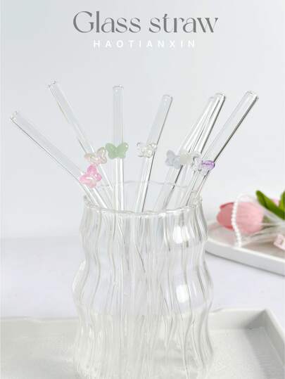 Butterfly Shaped Reusable Glass Straw, Transparent Smoothie, Bubble Tea, Juice, Milk, Cocktail, Cold Drink Glass Straw, Bent Glass Straw For Water Cup, Milkshake, Tea, Juice, Cocktail, Cold Drink, Gift For Girlfriend, Dessert Shop, Soft Drink Bar, Office, Bar, Restaurant