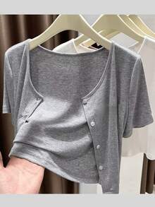 1pc Women's Asymmetrical Button Knit Cardigan, Long Sleeve Lightweight Shawl Collar Outwear, Black/White/Gray/Pink - Ribbed Shawl - View 13