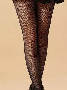 1 pieza Medias transparentes con patrón de diamantes, ligeras, transpirables y cómodas - Negro - Ver 2