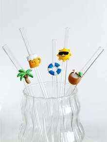 卡通夏季椰子树、游泳圈、太阳形透明玻璃吸管，可重复使用，适用于奶昔、牛奶、茶、果汁、鸡尾酒、冷饮，是送给女朋友的礼物，也适合甜品店、软饮店、小吃店、办公室、酒吧、餐厅派对装饰。 - 查看 1