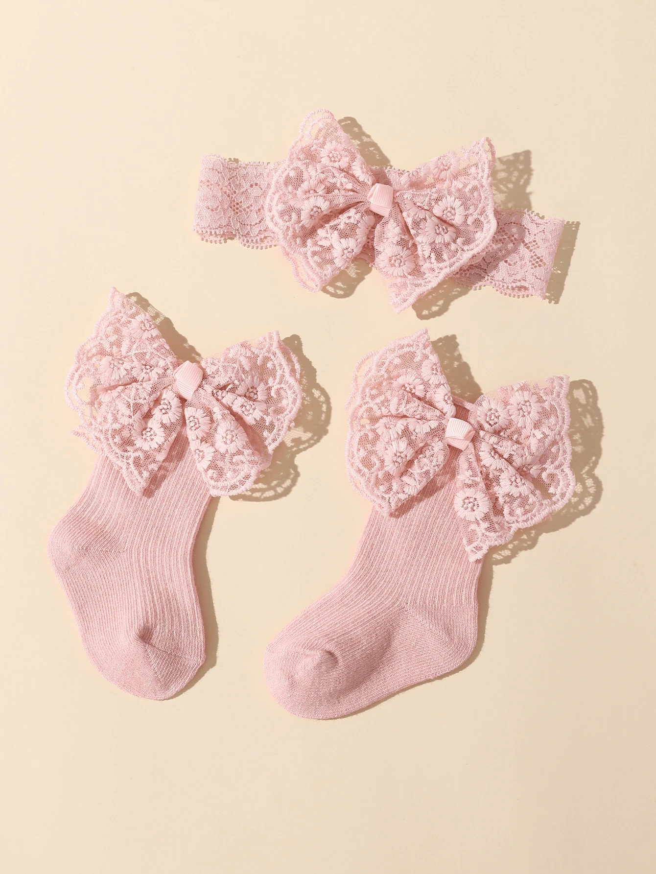 1 Pair Lace Bow Socks + 1 Lace Bow Headband - Pink - View 1