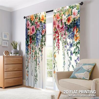 2 pezzi Tende con stampa floreale vivace - Poliestere lavabile in lavatrice, adatte per camere da letto, cucine, uffici, sale studio, soggiorni (con passanti per asta), decorazione per tutte le stagioni, tende per soggiorno