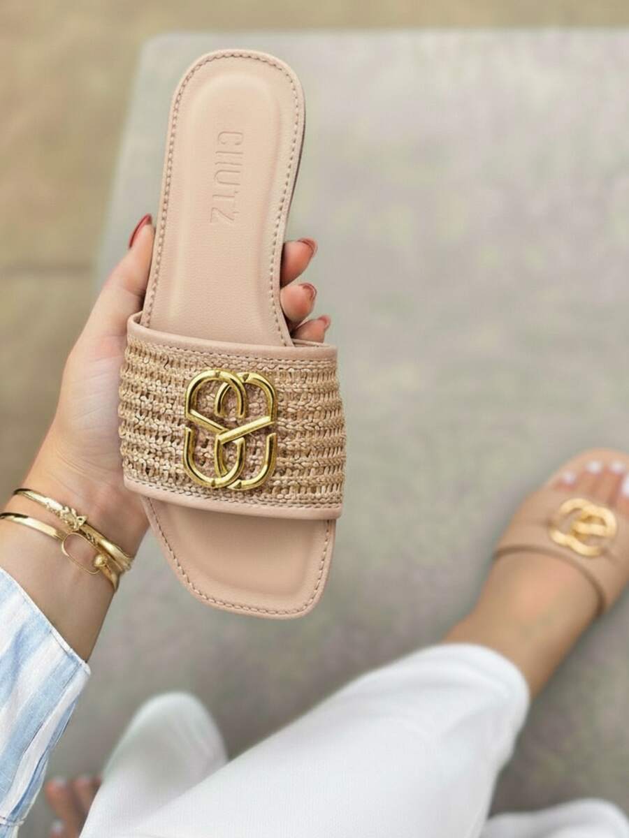 Women's Flat Sandal, Casual, Gold Detail, Elegant, Comfortable, Fashion Blogger Style - Beige - View 1