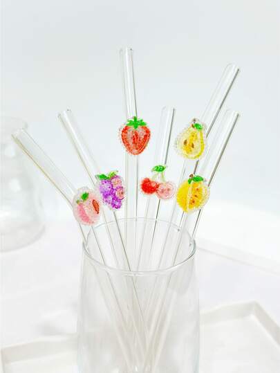 Cartoon Fruit Shaped Reusable Glass Straws, Transparent Smoothie, Bubble Tea, Juice, Milk, Cocktail, Cold Drink Straws, Curved Glass Straws For Water Cups, Milkshakes, Tea, Juice, Cocktails, Cold Beverages, Gifts For Girlfriend, Dessert Shops, Soft Drinks, Snack Bars, Office, Bars, Restaurant Parties