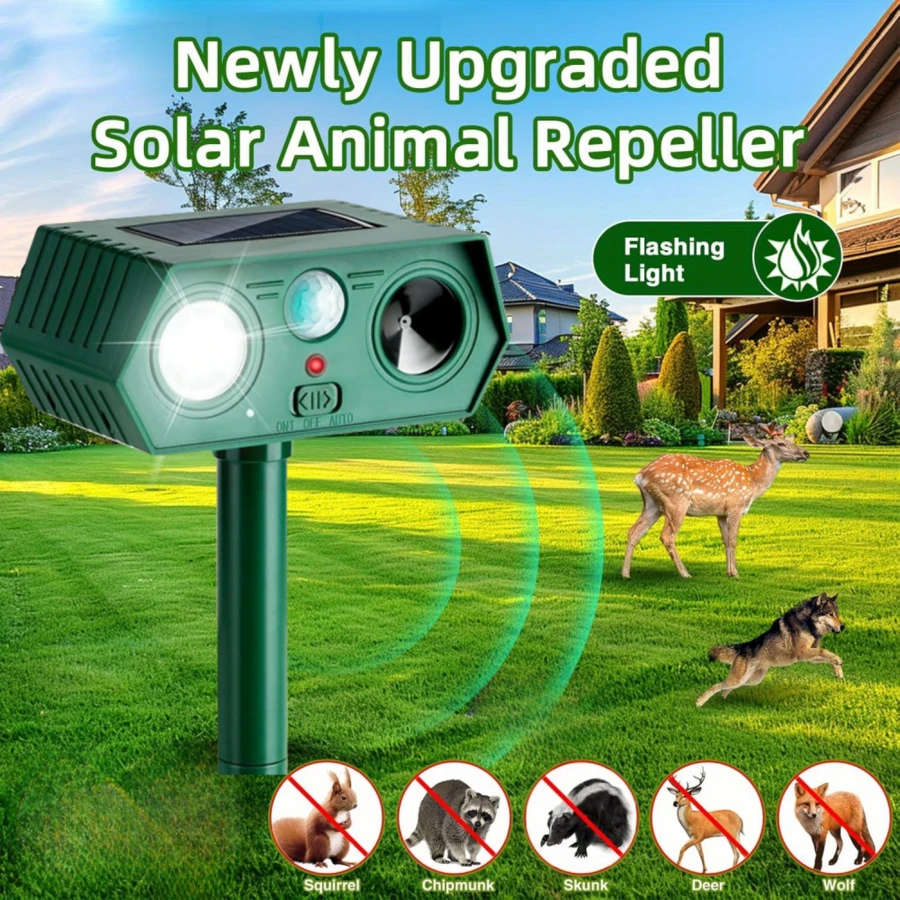 SOKANY 1件裝戶外超音波動物驅趕器，害蟲與鼠類威懾器，附LED閃爍燈與動作感應器，太陽能供電，1200mAh電池，適用於戶外庭院與農場害蟲防治、花園害蟲防治