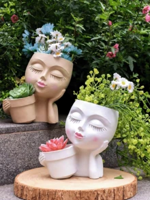 人脸造型花盆/花盆，适用于室内外植物，树脂材质，适合种植多肉植物，底部有排水孔，造型可爱，女性脸部造型。 - A - 查看 2