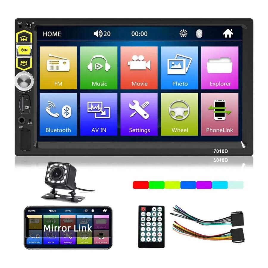 7-Inch 2DIN Touchscreen Car Stereo With MirrorLink, Bluetooth, Camera, FM Radio, USB, MP5, And RCA Inputs - Black - C - View 1