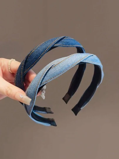 1件复古牛仔编织发带，蓝色调百搭时尚发饰，女士适用