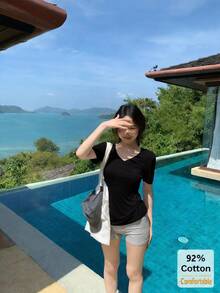 V领纯色修身T恤，女士百搭休闲打底衫，黑色夏季款 - 黑色 - 查看 3