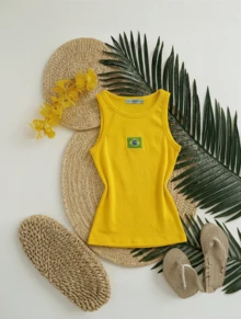 Women's Tank Top Summer 2026 Brazilian Flag Embroidered Ribbed Knit - Yellow - View 3