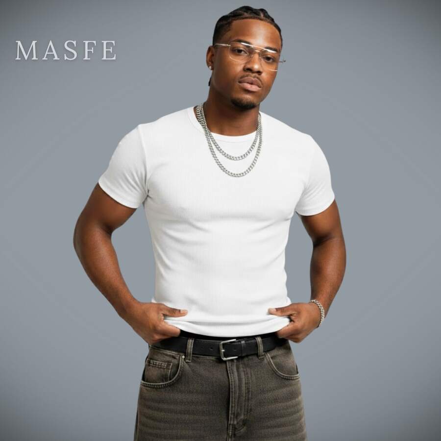 Kit With 2 Men's Slim Fit American Style Ribbed T-Shirts - Fits The Body - trắng - Xem 1