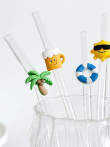 卡通夏季椰子树、游泳圈、太阳形透明玻璃吸管，可重复使用，适用于奶昔、牛奶、茶、果汁、鸡尾酒、冷饮，是送给女朋友的礼物，也适合甜品店、软饮店、小吃店、办公室、酒吧、餐厅派对装饰。 - 查看 6