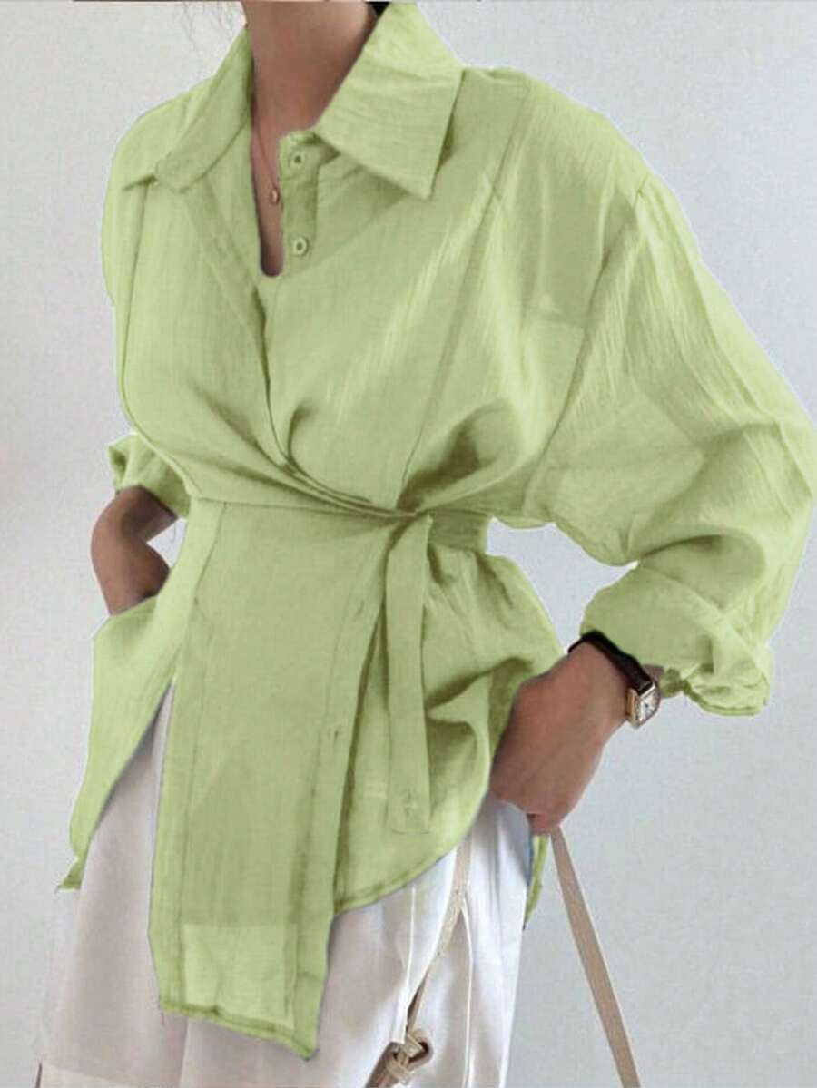 女士简约纯色宽松系带衬衫，适合春秋季穿着 - 淺綠色 - 查看 1