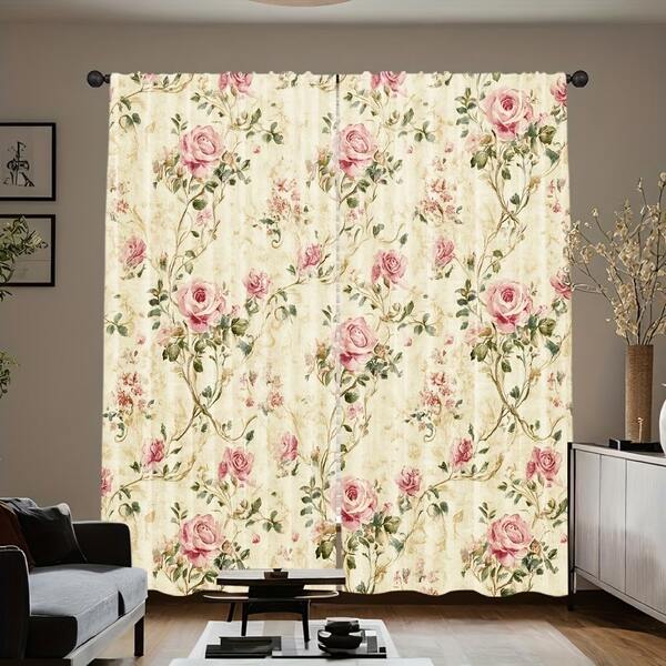 2PCS European Floral Curtains, Pink Rose Bunny, Made Of Multifunctional Polyester Fabric, With Pole Pockets To Protect Privacy, Suitable For Bedrooms And Various Living Areas, Suitable For All Seasons