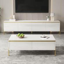 Modern Luxury TV Stand And Tea Table Set, High-Gloss Solid Color Surface, Gold Trim, Ample Storage Space - 白色 - 查看 7