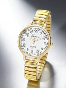 1 chiếc đồng hồ nữ dây đeo co giãn màu vàng, mặt số Ả Rập, máy quartz, kiểu dáng thường ngày, mặt tròn, thích hợp để đeo hàng ngày, quà tặng. - Vàng - Xem 4