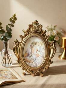 1 pieza Marco de foto ovalado con encaje dorado vintage, diseño para montaje en pared, adecuado para exhibición de fotos, decoración del hogar y accesorios fotográficos - Decoración del hogar moderna, aplicable a sala de estar, dormitorio, escritorio, mesa de comedor, oficina, gabinete de TV, estantería, regalo de boda (foto no incluida) - Multicolor - Ver 5