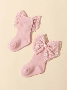 1 Pair Lace Bow Socks + 1 Lace Bow Headband - Pink - View 4