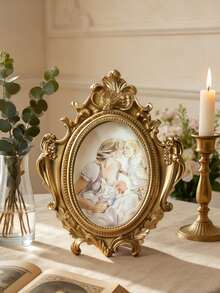 1 pieza Marco de foto ovalado con encaje dorado vintage, diseño para montaje en pared, adecuado para exhibición de fotos, decoración del hogar y accesorios fotográficos - Decoración del hogar moderna, aplicable a sala de estar, dormitorio, escritorio, mesa de comedor, oficina, gabinete de TV, estantería, regalo de boda (foto no incluida) - Multicolor - Ver 2