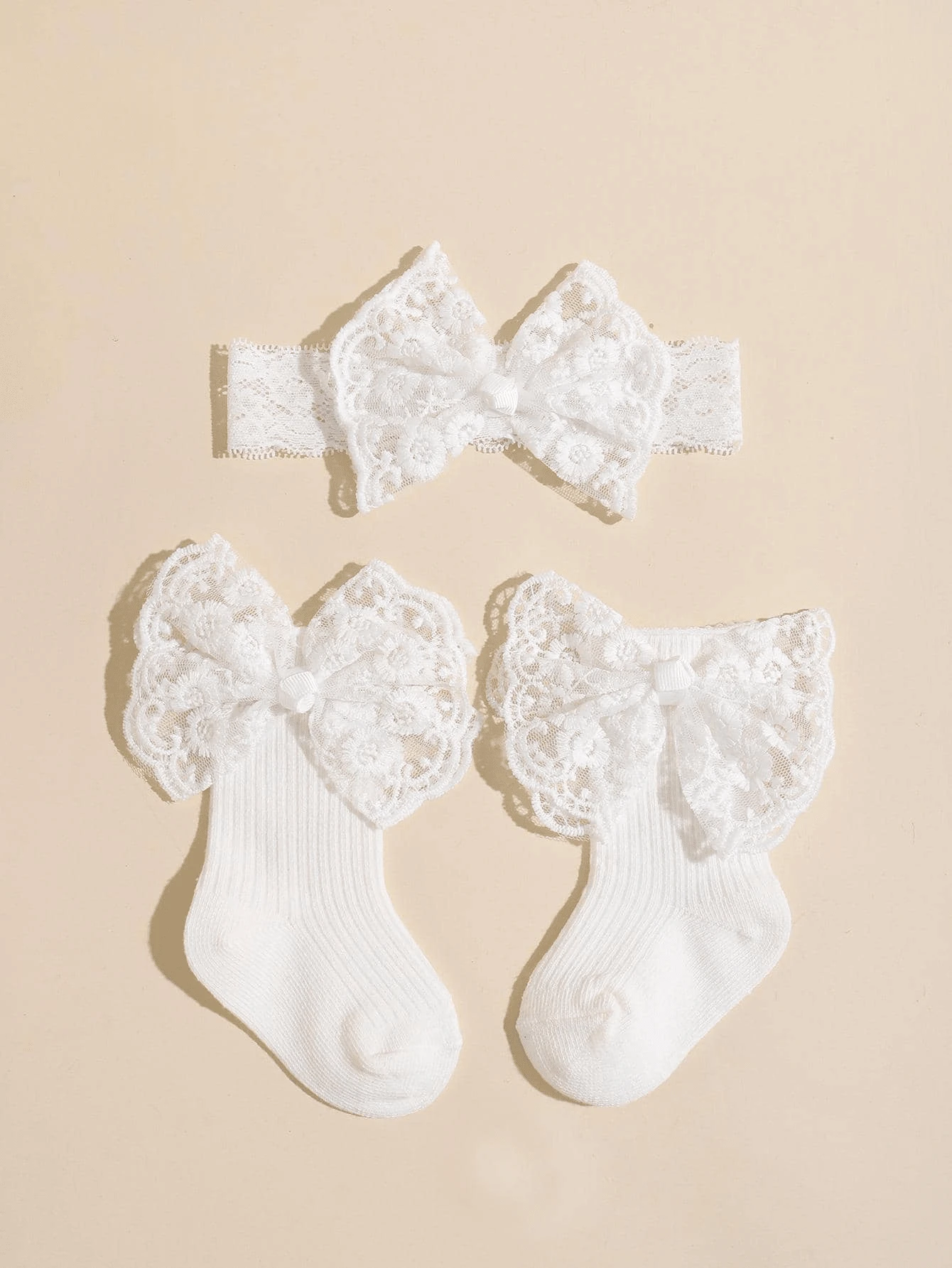 1 Pair Lace Bow Socks + 1 Lace Bow Headband - White - View 1
