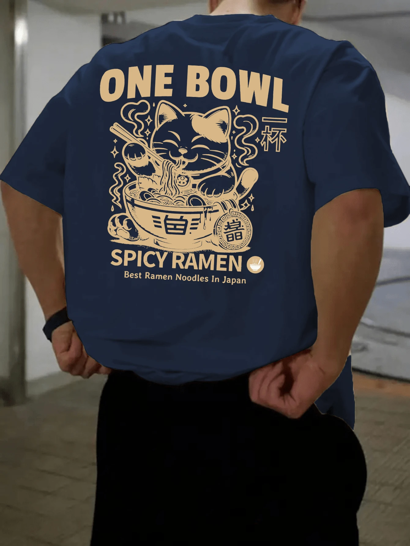 男士休闲猫咪图案印花圆领短袖T恤，夏季时尚 - 藏蓝色 - 查看 1