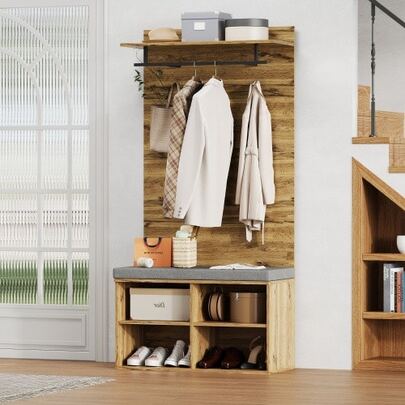 175cm High Wooden Storage Unit With Shoe Stool, Adjustable Shelf, Clothes Rail And Padding – 84 X 32 Cm – Functional Furniture