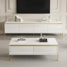 Modern Luxury TV Stand And Tea Table Set, High-Gloss Solid Color Surface, Gold Trim, Ample Storage Space - 白色 - 查看 9