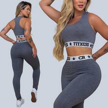 CR FITNESS Kit 2 Sets Gym Top And Leggings With Exposed Elastic - Flint Stone - View 12
