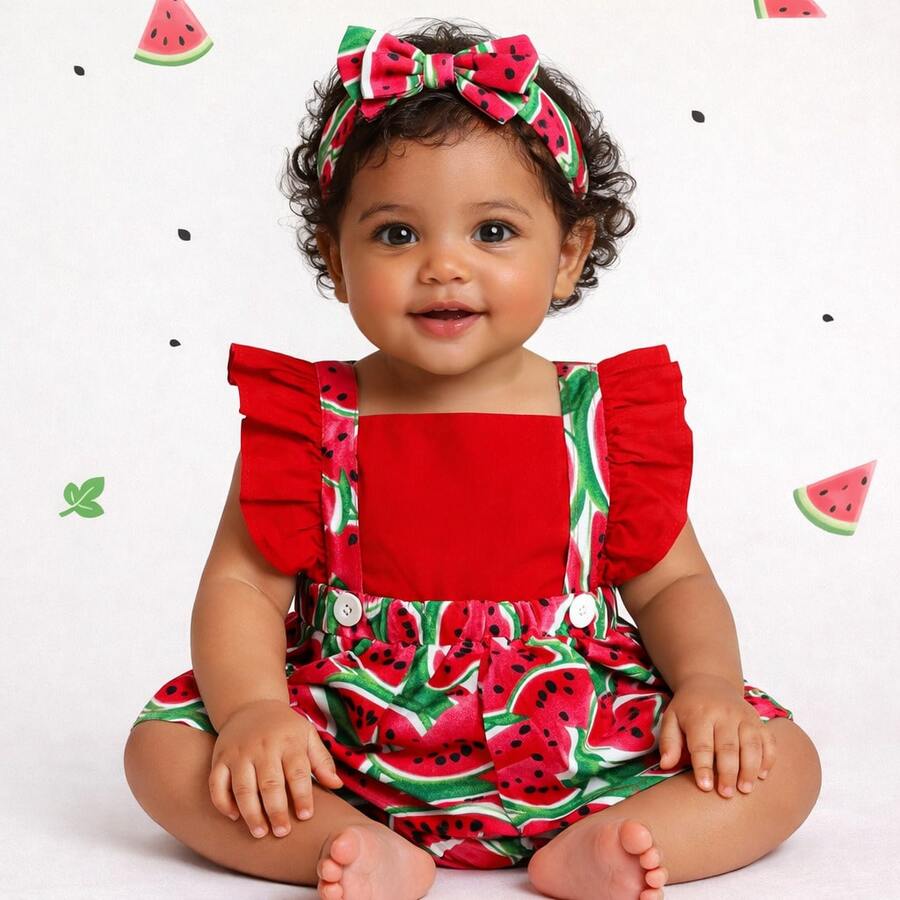 Jardineira Saia de Bebê Infantil Blogueirinha Melancia Frutas Frutinha Menina Alimentação Introdução Alimentar Ensaio Fotográfico Mesversário Temático Bebê Baby Aniversário Saia Glamour Premium Leve Tricoline 100% Algodão Ajustável e Com Elástico Fácil de Vestir