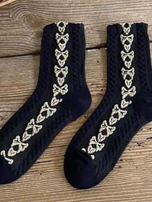 3 Pairs Random Black & White Patterned Mid-Calf Socks, Comfortable & Non-Abrasive, Elegant & Versatile - Multicolor - View 5