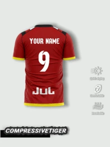 1pc Customized Personalized T-Shirt - Unique "JUL" Hand Gesture Design, Customizable Name And Number, Premium Fabric, Soccer/Fan Tee, High-Quality Custom Sportswear, Valentine's Day Gift - Red - View 2