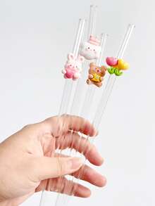 Creative Cute Cartoon Rabbit, Cloud, Flower, Bear Shaped Glass Straws, Transparent Smoothie, Milk Tea, Juice, Cocktail, Cold Drink Party Cute Animal Series Reusable Bent Glass Straws - View 5