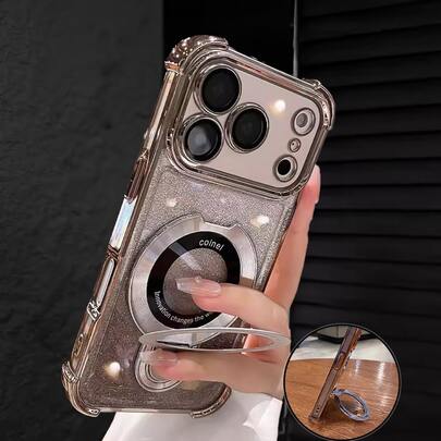 MewTrek Luxury Electroplated Glitter Silver Phone Case With Foldable Stand, Protective Soft Shell With 4 Air Cushions [Anti-Fall Anti-Shock Anti-Collision], High-Quality Durable, Glitter Rhinestone Fashion Design, Suitable For Men And Women, Compatible With IPhone 17 16 16e 15 14 13 12 11 X/XS XR SE 2020 2022 - Pro Max Plus Mini Air