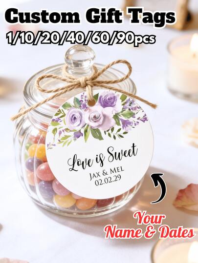 Customized Cardboard Tags (1/10/20/40/60/90 Pcs), Personalized Name And Date, Wedding Gift Labels, Includes Jute Rope, Elegant Floral Pattern, Wedding Cards, Round Labels, Birthday, Bridal Shower, Baby Shower Decor, Product Labels, Party Decorations, Birthday Souvenirs