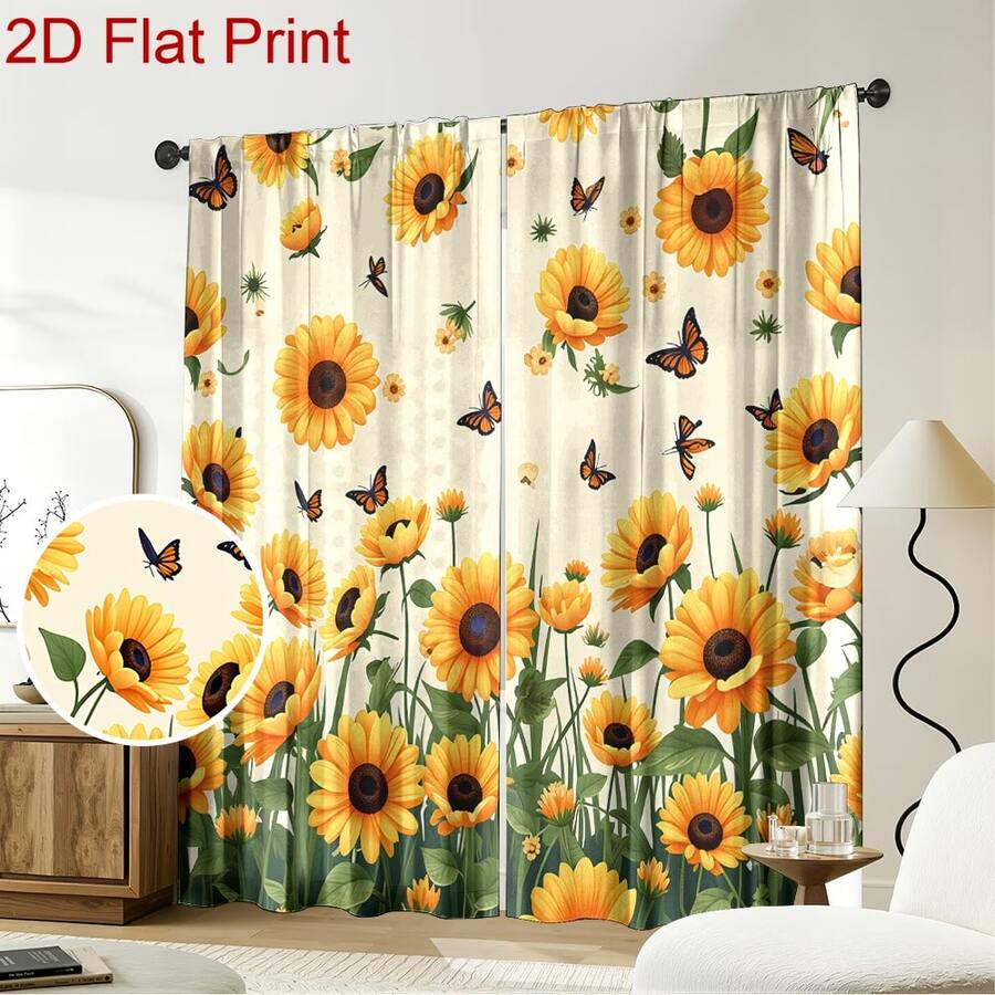 2pcs/Set Country Style Curtains, Butterfly & Sunflower Pattern, Rod Pocket Design For Privacy Protection, Polyester Fabric, Suitable For Seasonal Party & Holiday Decor, Applicable To Bedroom, Living Room, Tea Room, Dining Room And More. 2D Pattern Design, Spring Decorative Curtains - Multicolor - View 1