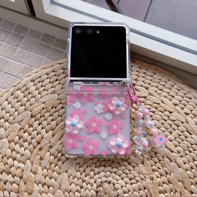 Capa de Telefone Dobrável com Flor Rosa Delicada e Corrente, Compatível com Samsung Galaxy Z Flip3 5G/Galaxy Z Flip 4 5G/Galaxy Z Flip 5 5G/Galaxy Z Flip 6 5G/Galaxy Z Flip 7 5G, Elegante Capa de Telefone Dobrável