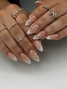 10 Stücke handgefertigte tragbare Nagelspitzen, kurzer Stil, japanisches Nagelkunstdesign, Acryl-Klebenägel, sommerliche kurze mandelförmige Nagelspitzen, Goldschmetterling-Dekor, 3D-geschnitzte Blumen-Nagelkunst, essentiell für Frauen für Dates, handgefertigte Aufklebe-Nägel - Weiss - Übersicht 3