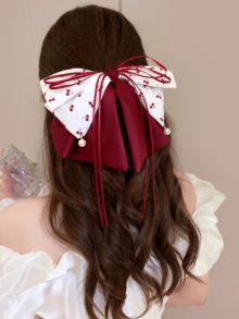 Cute Cherry Bow Ribbon Hair Claw Clip, Hair Claw Bun Hairstyle Accessory - Red and White - View 2