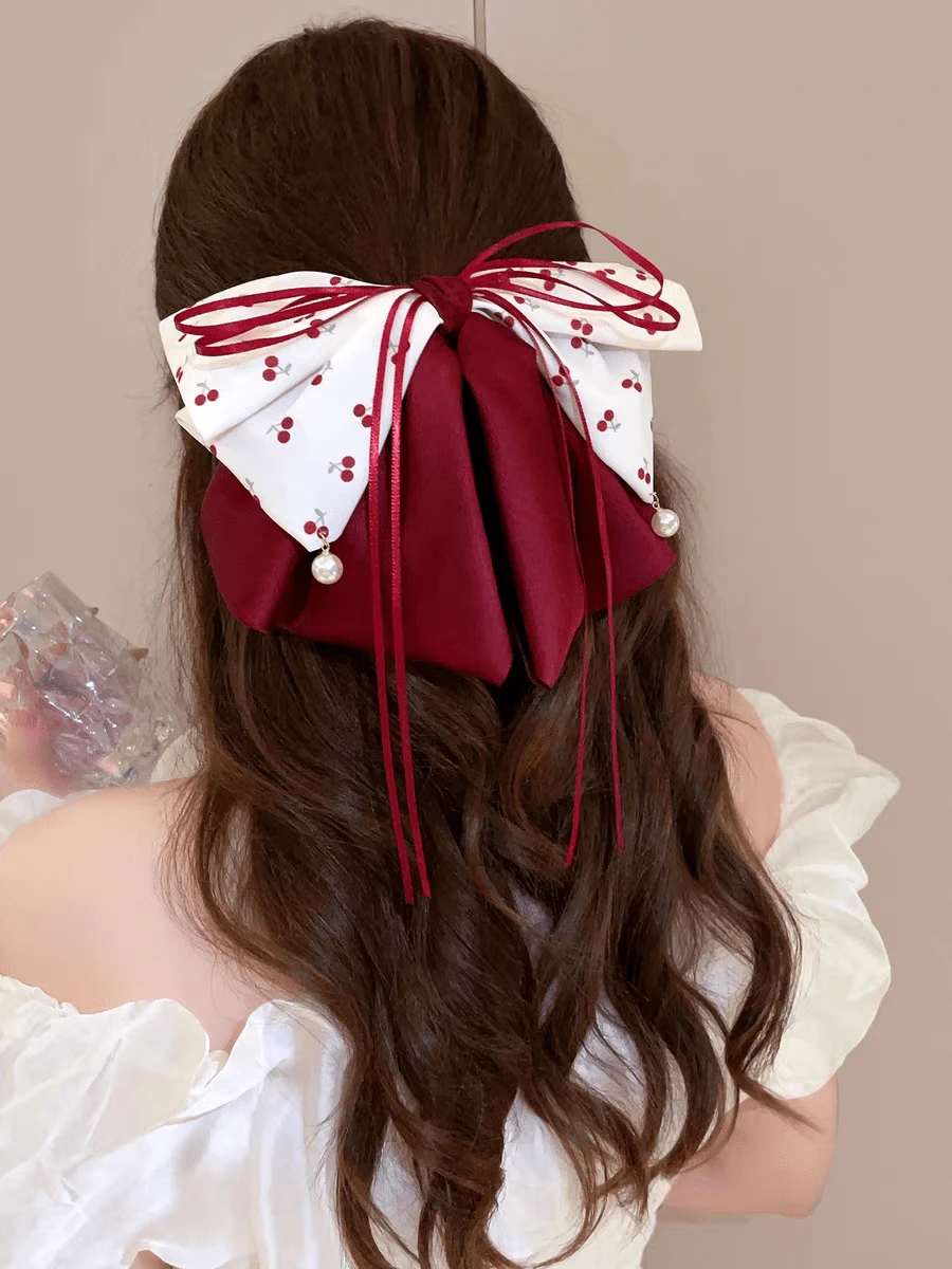 Cute Cherry Bow Ribbon Hair Claw Clip, Hair Claw Bun Hairstyle Accessory