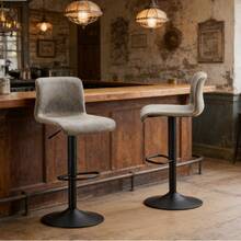 Sillones de Bar Ajustables con Respaldo Forma S, Lote de 2 Taburetes de Hierro y Cuero PU, Altura Regulable y Reposapiés Integrado – Para Isla de Cocina, Barra Americana o Comedor – Gris - gris 2 piezas - Ver 2