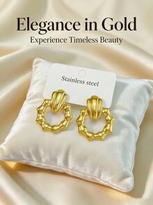 Sturdy Stainless Steel Earrings, Golden Geometric-Shaped Stainless Steel Jewelry, Ladies' Earrings, Pituitary Earrings, Gold-Plated Hinge Round Earrings, Bamboo, Texture, Rhinestone Cutting, Hexagon, Square, Circle, Heart Shape, Teardrop Shape, Butterfly Shape, Leaves, Flowers, Asymmetrical, Design - Multicolor - View 5