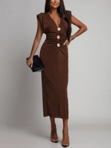 Elegant & Fashionable V-Neck High-Quality Design Dress For Women Summer - Brown - View 2