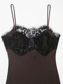 DEEKA Summer New Arrival Women's Dress, European And American Fashion Sexy Asymmetric Lace Satin Dress Elegant - Coffee - View 5