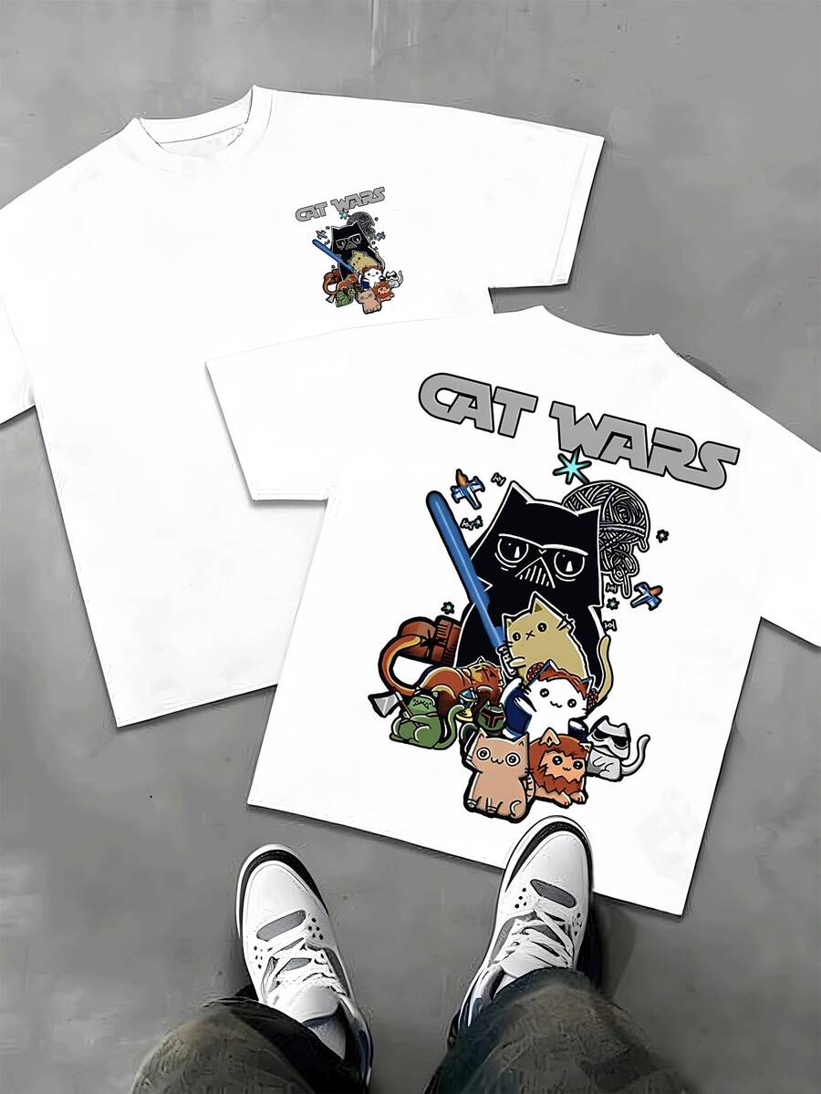 A Parody Featuring Cats In Costumes Wielding Lightsabers This Tee With Parody Cat Versions Of Characters Creates A Playful And Geeky Vibe - trắng - Xem 1